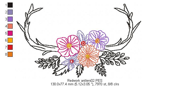 Flower Antlers - Redwork