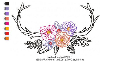 Flower Antlers - Redwork