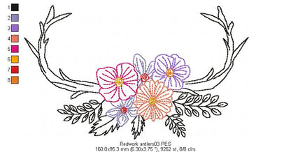 Flower Antlers - Redwork