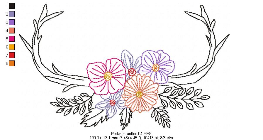 Flower Antlers - Redwork