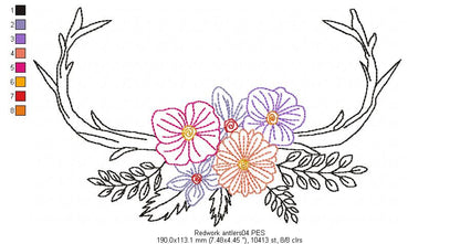 Flower Antlers - Redwork