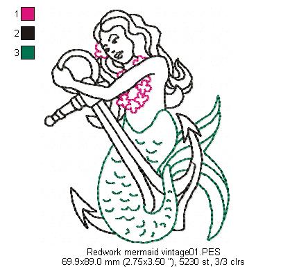 Vintage Mermaid  - Redwork