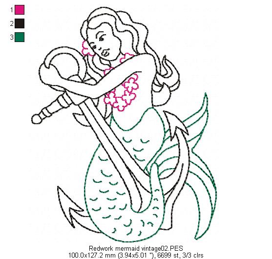 Vintage Mermaid  - Redwork