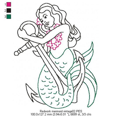 Vintage Mermaid  - Redwork