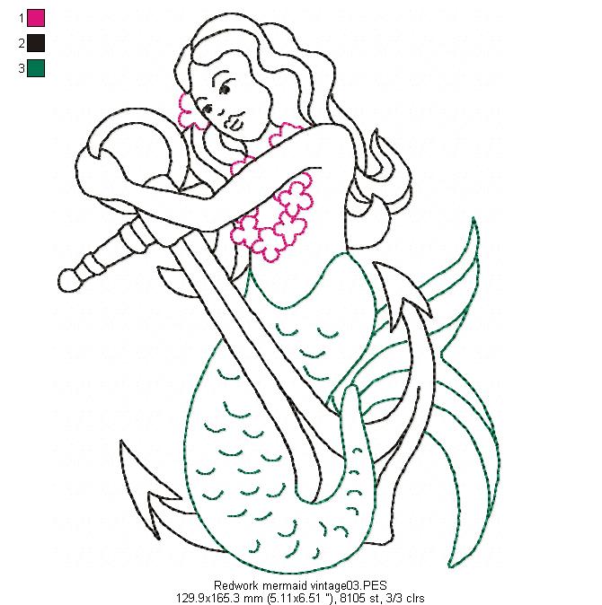 Vintage Mermaid  - Redwork