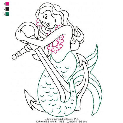 Vintage Mermaid  - Redwork