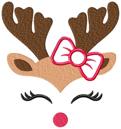 Christmas Rudolph Reindeer Girl with Bow - Fill Stitch
