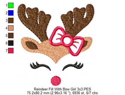 Christmas Rudolph Reindeer Girl with Bow - Fill Stitch