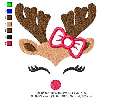 Christmas Rudolph Reindeer Girl with Bow - Fill Stitch