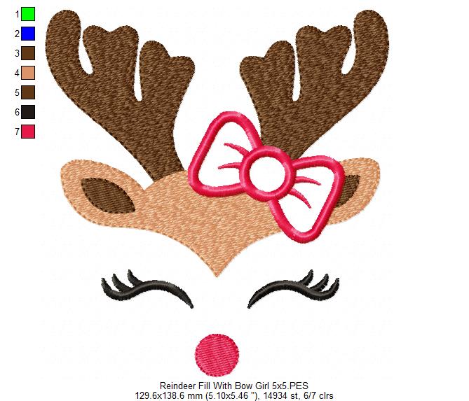 Christmas Rudolph Reindeer Girl with Bow - Fill Stitch