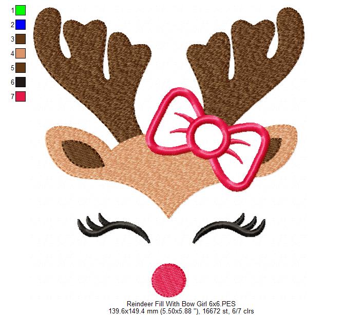 Christmas Rudolph Reindeer Girl with Bow - Fill Stitch
