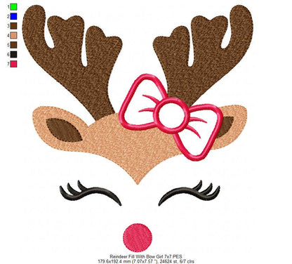 Christmas Rudolph Reindeer Girl with Bow - Fill Stitch