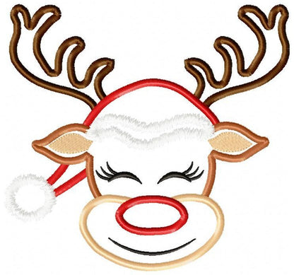 Cute Christmas Rudolph Reindeer Girl - Applique - Machine Embroidery Design