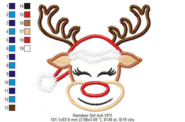 Cute Christmas Rudolph Reindeer Girl - Applique - Machine Embroidery Design