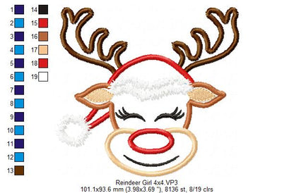 Cute Christmas Rudolph Reindeer Girl - Applique - Machine Embroidery Design