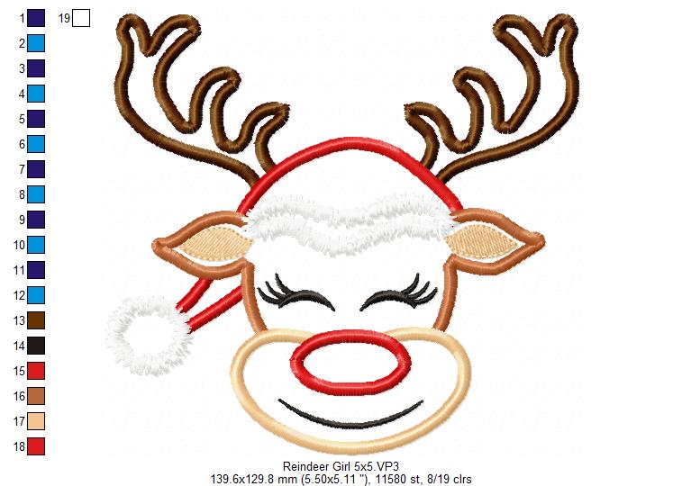Cute Christmas Rudolph Reindeer Girl - Applique - Machine Embroidery Design