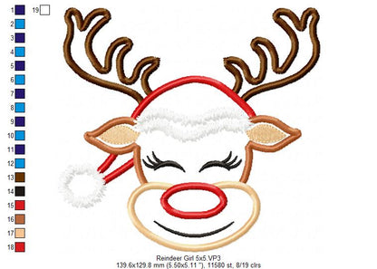 Cute Christmas Rudolph Reindeer Girl - Applique - Machine Embroidery Design
