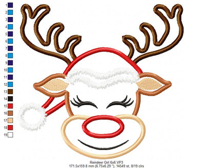 Cute Christmas Rudolph Reindeer Girl - Applique - Machine Embroidery Design