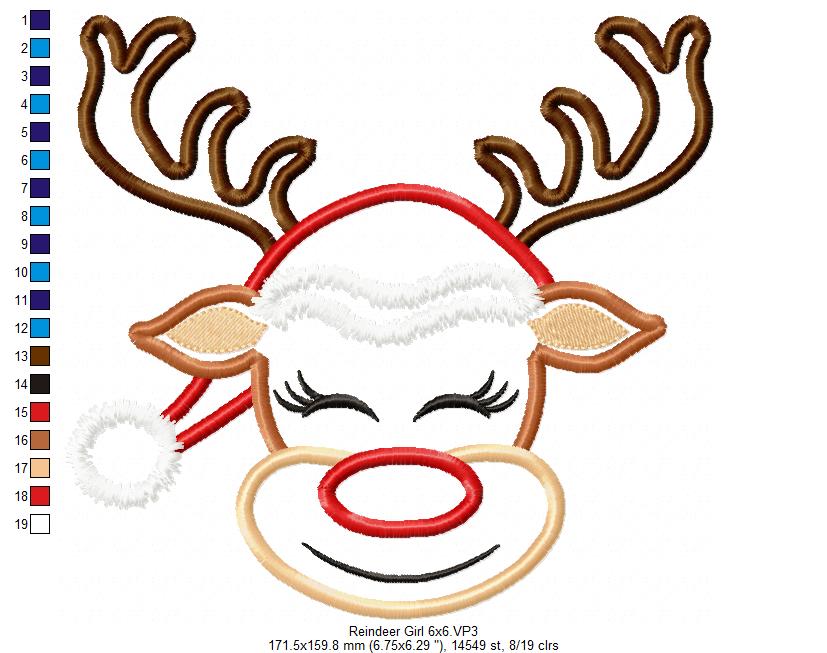 Cute Christmas Rudolph Reindeer Girl - Applique