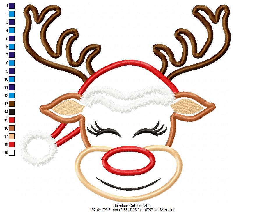 Cute Christmas Rudolph Reindeer Girl - Applique - Machine Embroidery Design