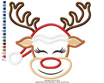Cute Christmas Rudolph Reindeer Girl - Applique - Machine Embroidery Design