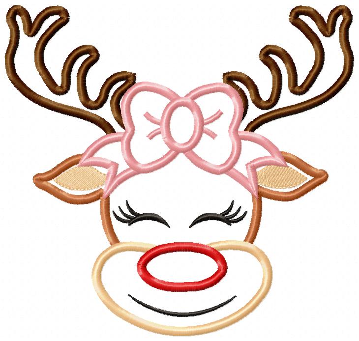 Christmas Rudolph Reindeer Girl Smiling with Bow - Applique - Machine Embroidery Design