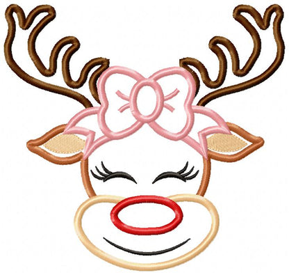 Christmas Rudolph Reindeer Girl Smiling with Bow - Applique - Machine Embroidery Design