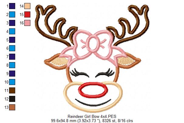 Christmas Rudolph Reindeer Girl Smiling with Bow - Applique - Machine Embroidery Design