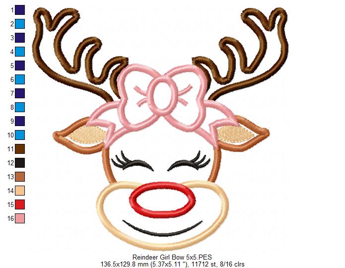 Christmas Rudolph Reindeer Girl Smiling with Bow - Applique - Machine Embroidery Design