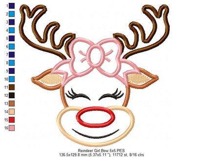 Christmas Rudolph Reindeer Girl Smiling with Bow - Applique - Machine Embroidery Design