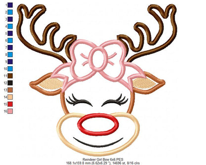 Christmas Rudolph Reindeer Girl Smiling with Bow - Applique - Machine Embroidery Design