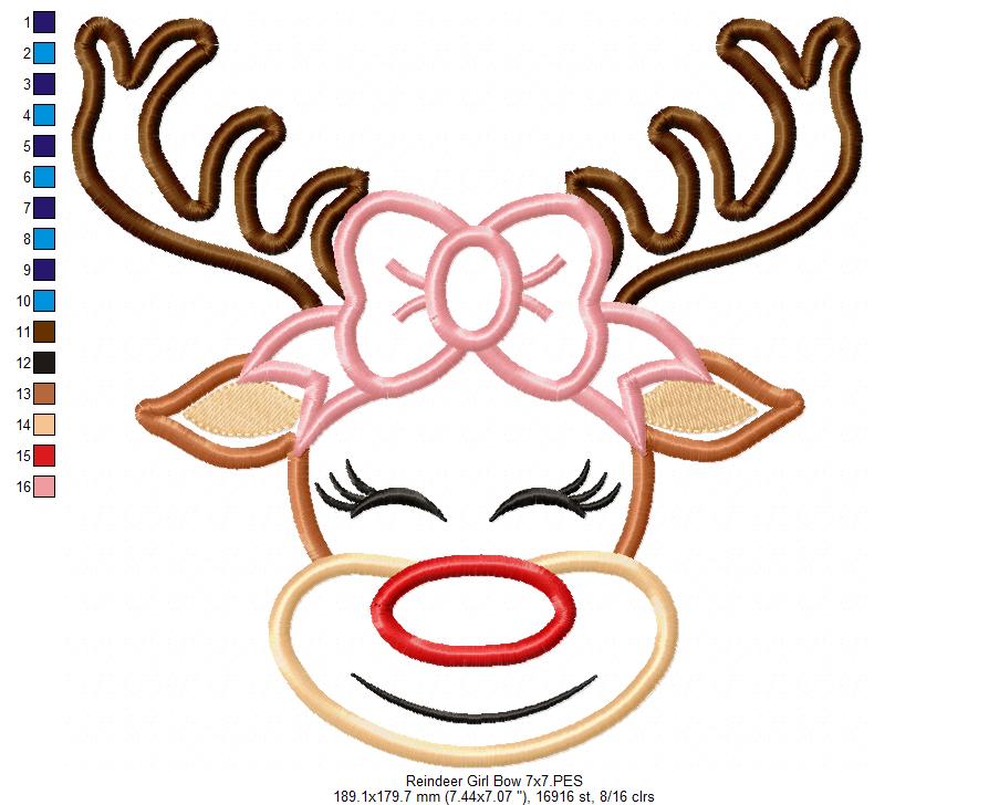 Cute Christmas Rudolph Reindeer Girl Smiling with Bow - Applique
