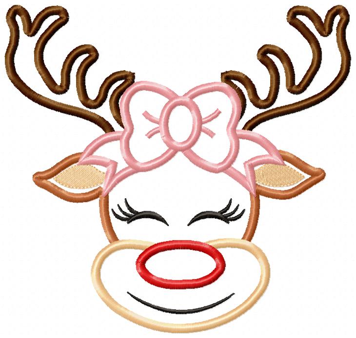 Cute Christmas Rudolph Reindeer Girl Smiling with Bow - Applique