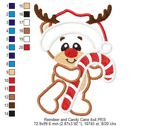 Christmas Rudolph Reindeer and Candy Cane - Applique - Machine Embroidery Design