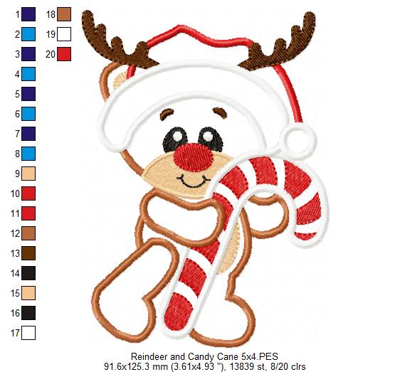 Christmas Rudolph Reindeer and Candy Cane - Applique - Machine Embroidery Design