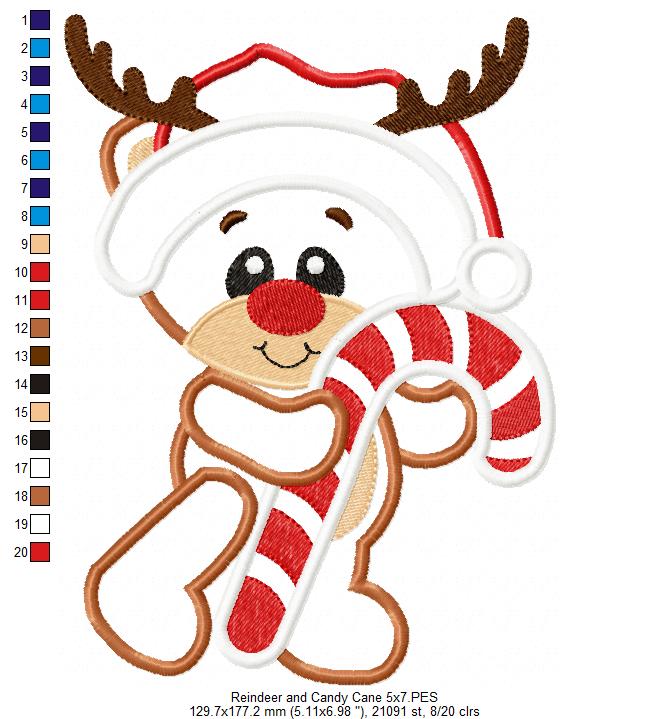 Christmas Rudolph Reindeer and Candy Cane - Applique - Machine Embroidery Design