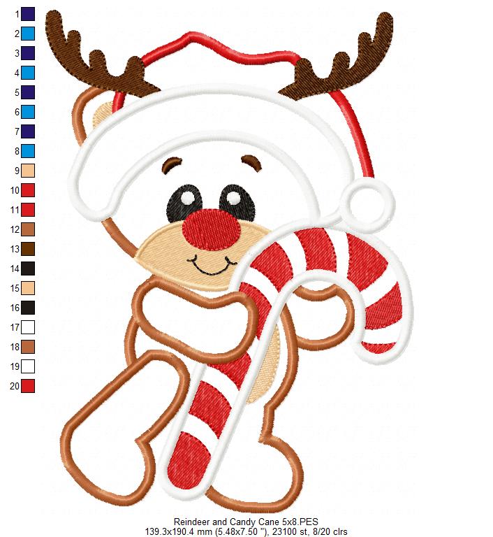 Christmas Rudolph Reindeer and Candy Cane - Applique - Machine Embroidery Design