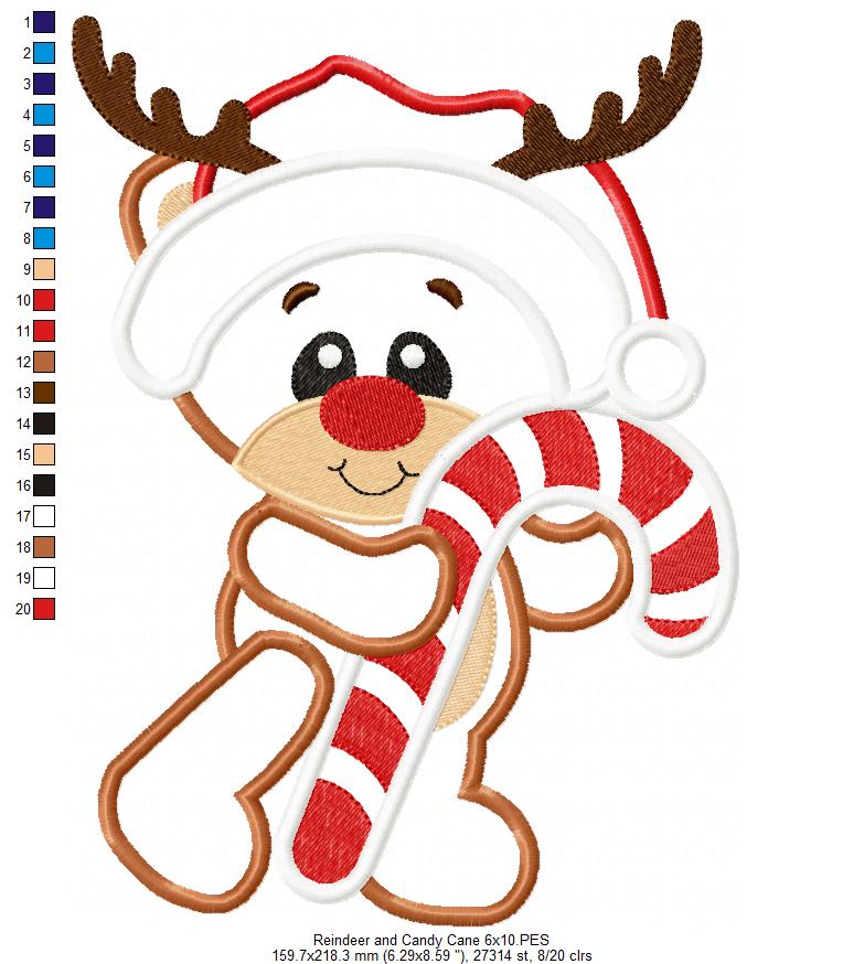 Christmas Rudolph Reindeer and Candy Cane - Applique - Machine Embroidery Design