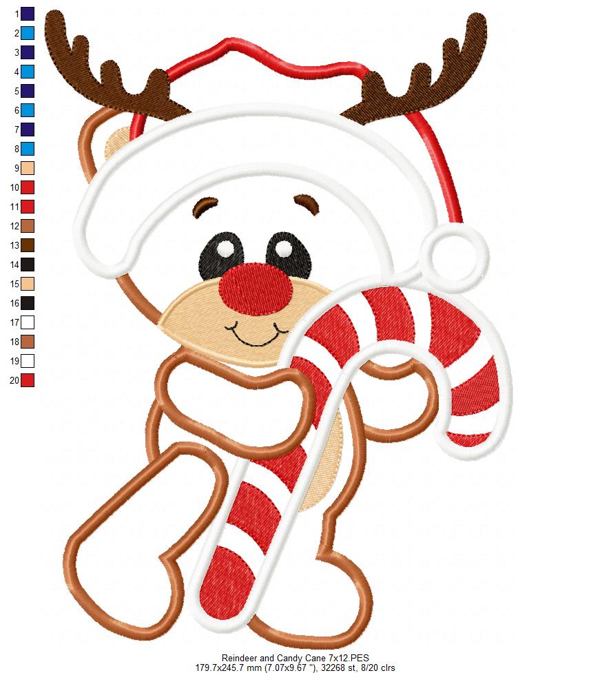 Christmas Rudolph Reindeer and Candy Cane - Applique - Machine Embroidery Design