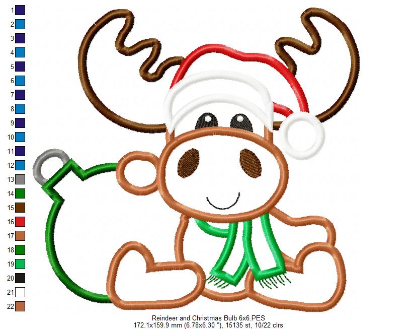 Reindeer and Christmas Bulb - Applique Machine Embroidery Design