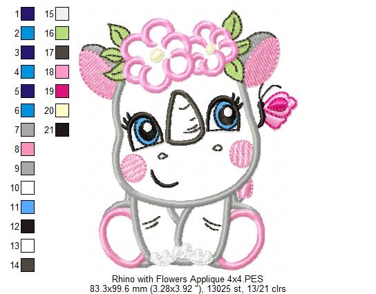Rhinocero Girl with Flowers - Applique