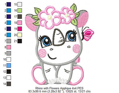 Rhinocero Girl with Flowers - Applique