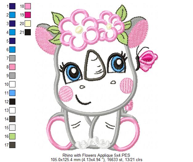 Rhinocero Girl with Flowers - Applique