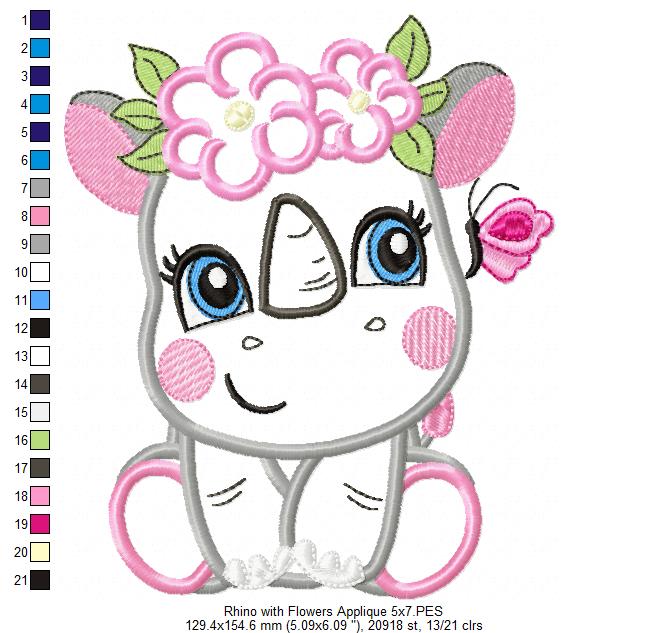 Rhinocero Girl with Flowers - Applique & Fill Stitch