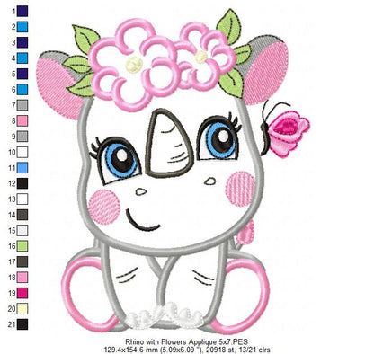 Rhinocero Girl with Flowers - Applique & Fill Stitch