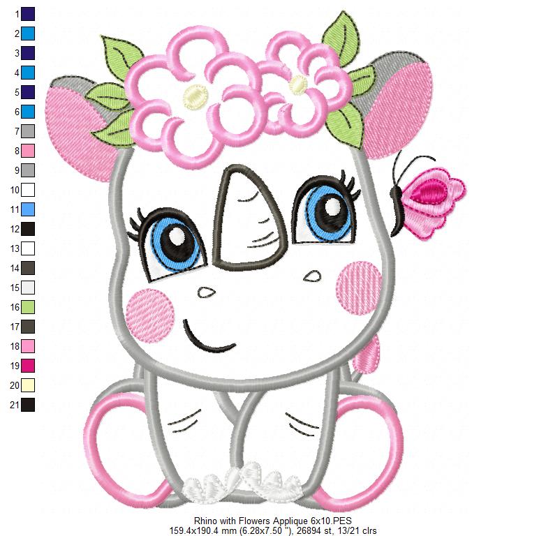 Rhinocero Girl with Flowers - Applique & Fill Stitch