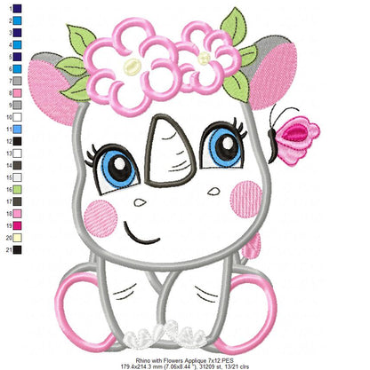 Rhinocero Girl with Flowers - Applique