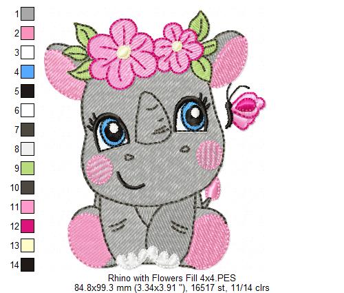 Rhinocero Girl with Flowers - Applique & Fill Stitch