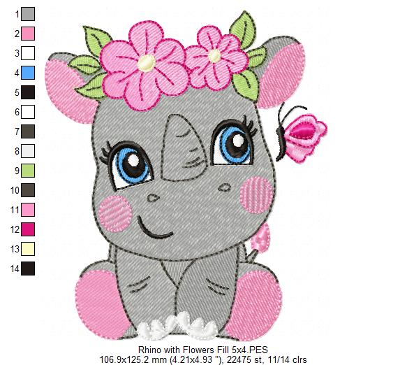 Rhinocero Girl with Flowers - Fill Stitch