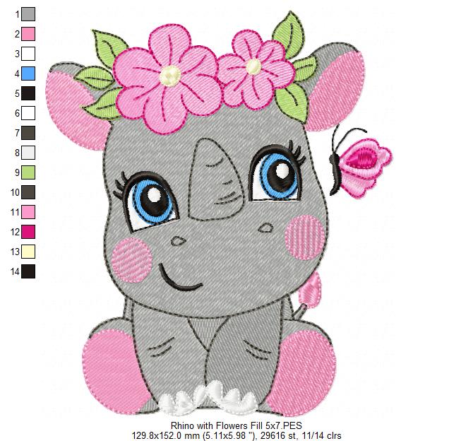 Rhinocero Girl with Flowers - Applique & Fill Stitch